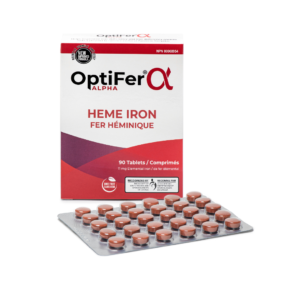 OptiFer Alpha heme iron supplement box with 90 tablets blister pack, GMO-free natural iron supplements with 11mg elemental iron, recognized by the Society of Obstetricians and Gynaecologists of Canada