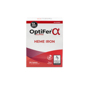 OptiFer Alpha heme iron box, 120 tablets with 11 mg elemental iron, GMO-free and Halal certified