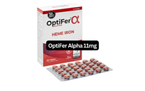 OptiFer Alpha 11 mg heme iron supplement box next to a blister pack of OptiFer tablets