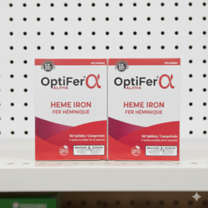 Two boxes of OptiFer Alpha heme iron supplements, 90 tablets each, displayed on a shelf for iron supplements Amazon shoppers