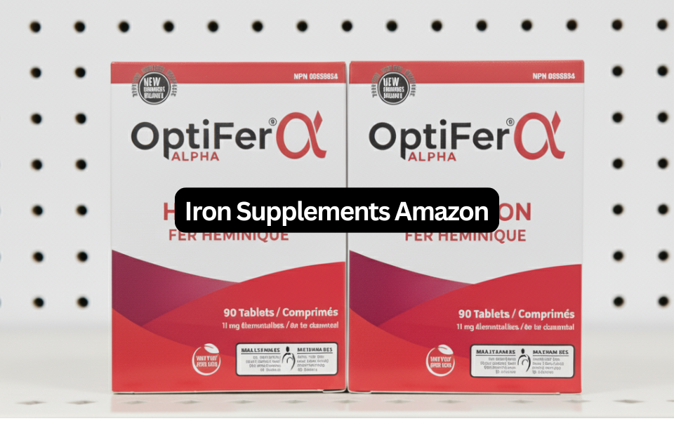 OptiFer Alpha heme iron supplements, two boxes of 90 tablets, a top iron supplements Amazon search result