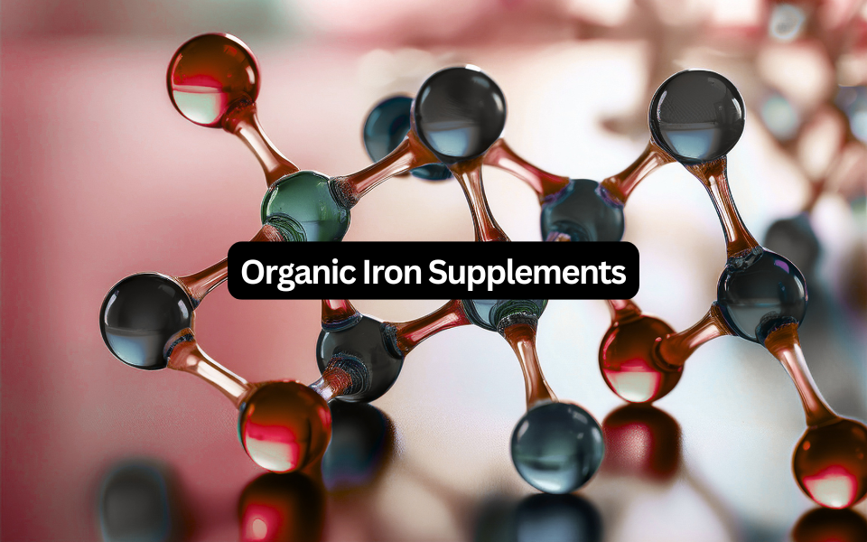 3D molecular structure of organic iron supplements with red and dark spheres on a pink background